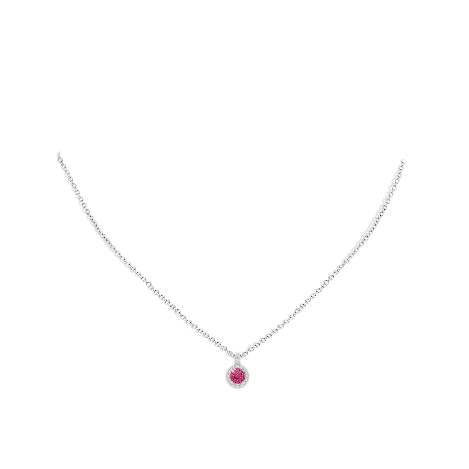 5mm AAAA Round Pink Sapphire Dangle Pendant with Diamond Halo in P950 Platinum body-neck