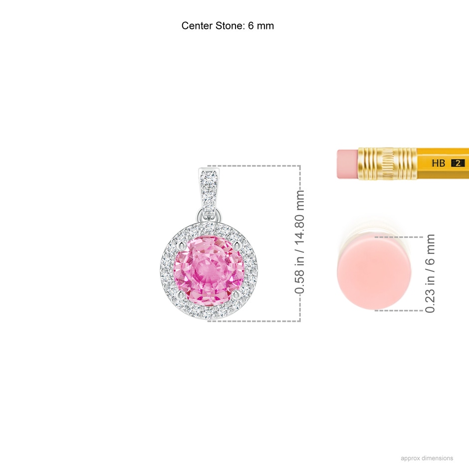 6mm A Round Pink Sapphire Dangle Pendant with Diamond Halo in White Gold ruler