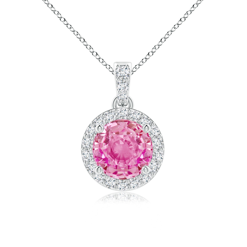6mm AA Round Pink Sapphire Dangle Pendant with Diamond Halo in White Gold 