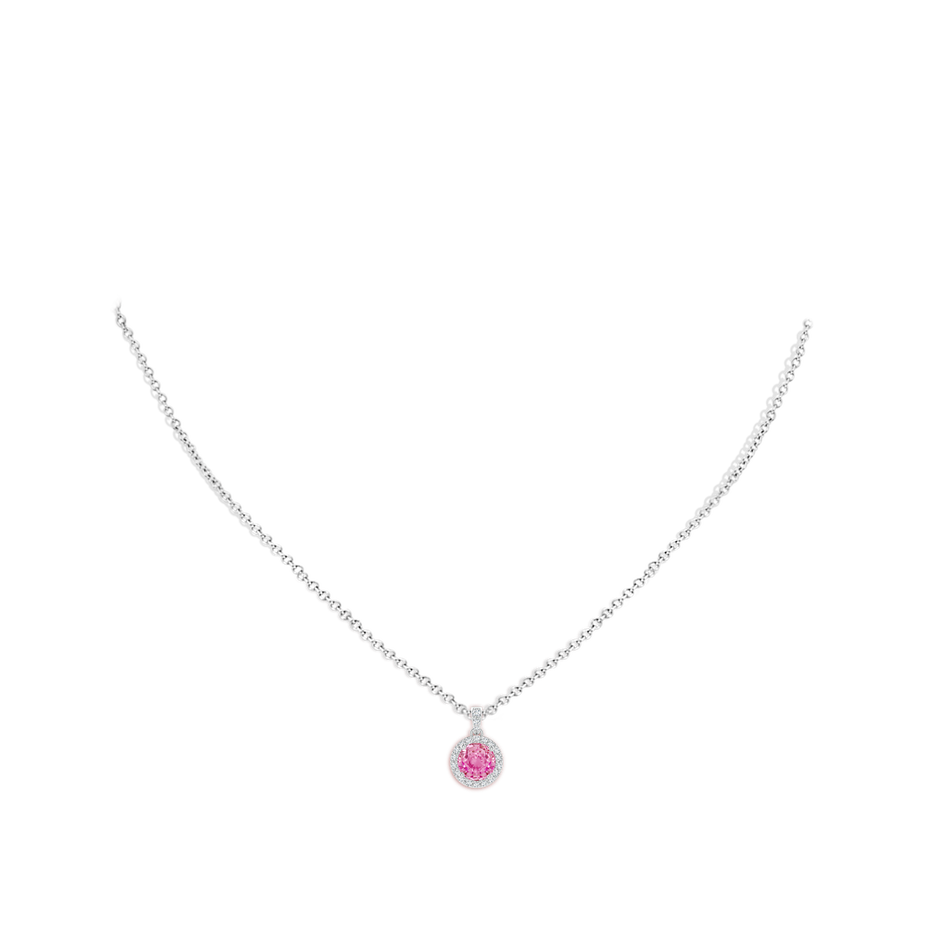 6mm AA Round Pink Sapphire Dangle Pendant with Diamond Halo in White Gold body-neck