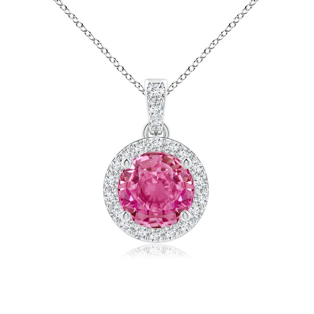6mm AAA Round Pink Sapphire Dangle Pendant with Diamond Halo in White Gold