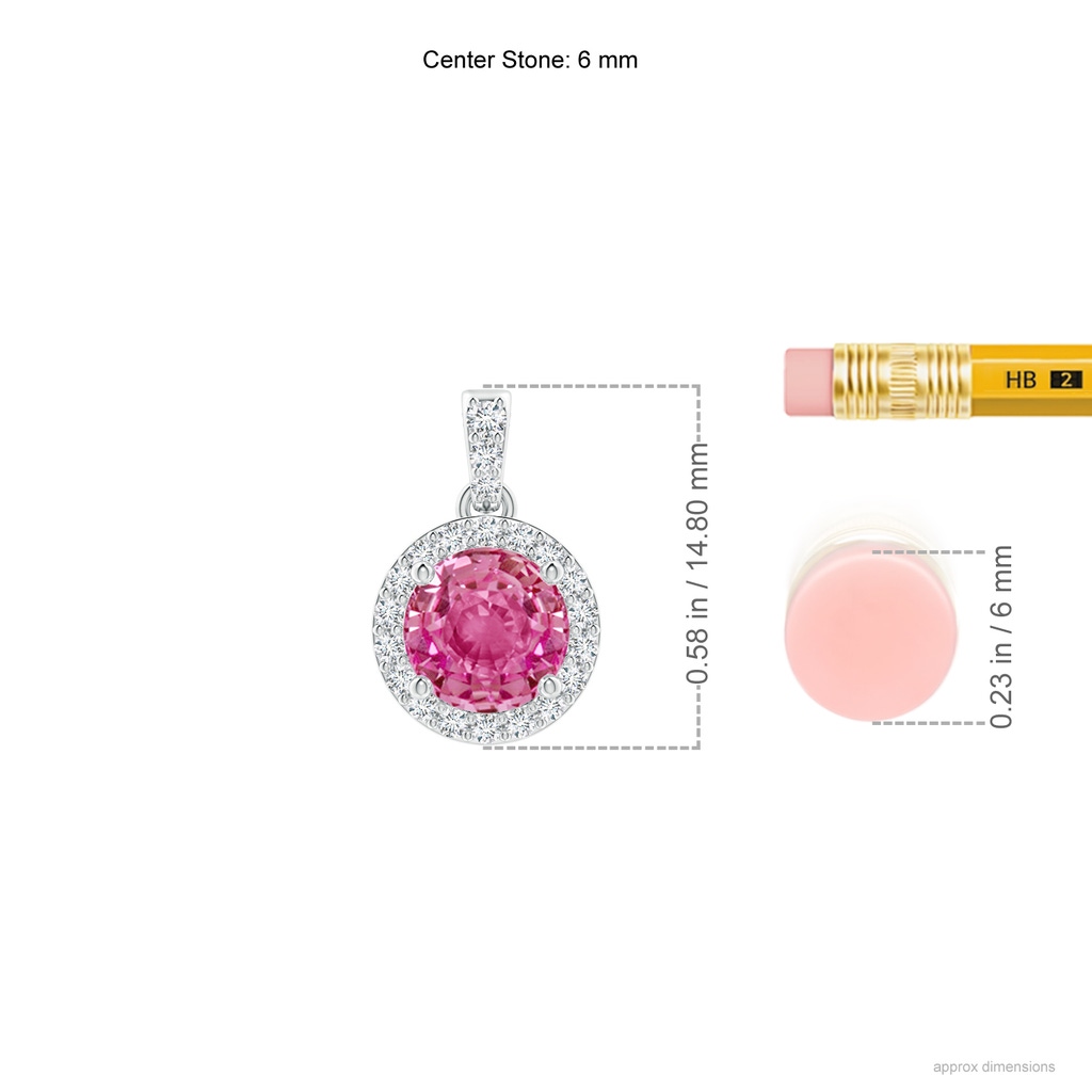 6mm AAA Round Pink Sapphire Dangle Pendant with Diamond Halo in White Gold Ruler