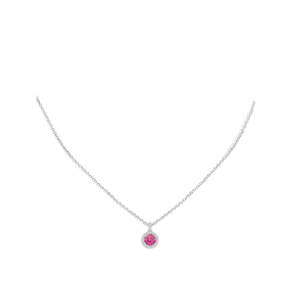 6mm AAA Round Pink Sapphire Dangle Pendant with Diamond Halo in White Gold Body-Neck