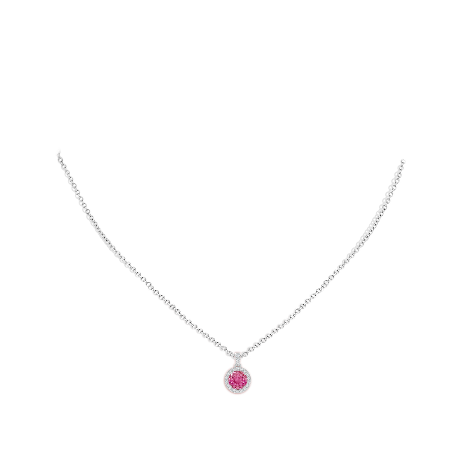 6mm AAA Round Pink Sapphire Dangle Pendant with Diamond Halo in White Gold body-neck