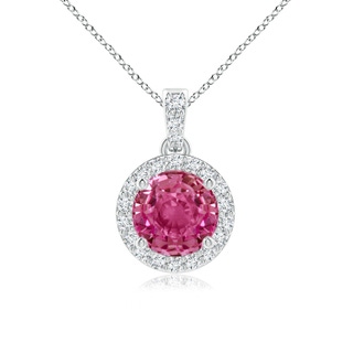 6mm AAAA Round Pink Sapphire Dangle Pendant with Diamond Halo in P950 Platinum