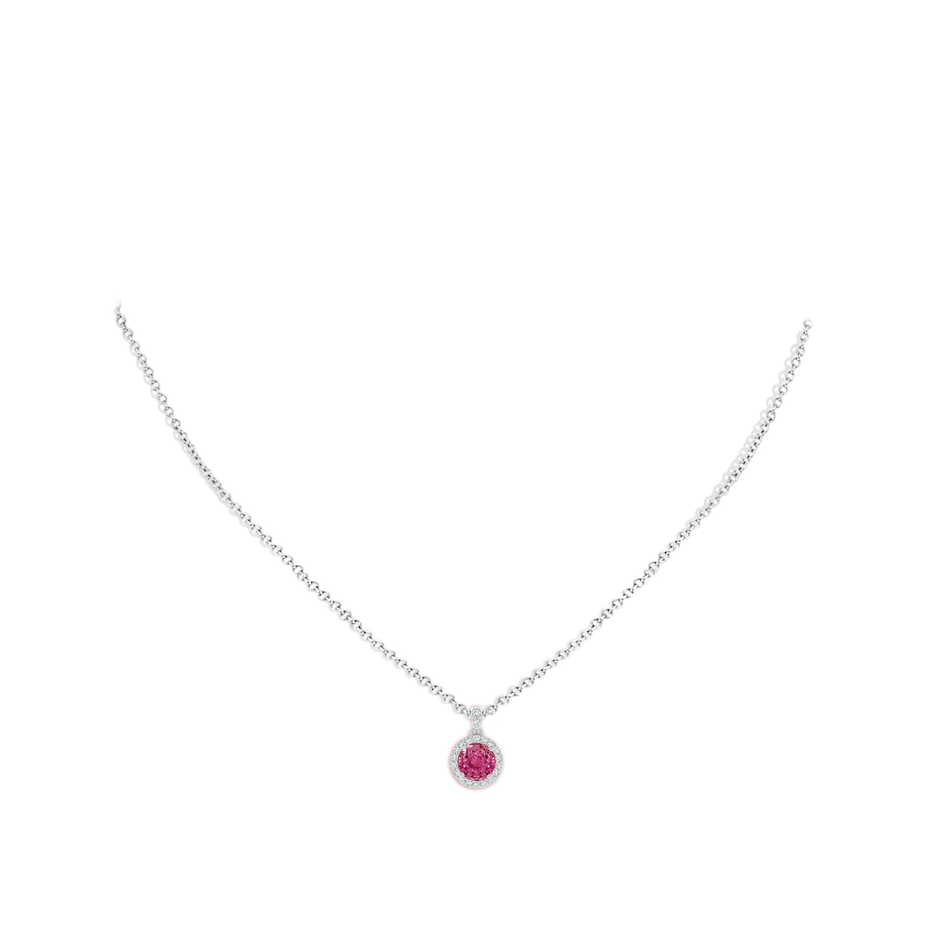 6mm AAAA Round Pink Sapphire Dangle Pendant with Diamond Halo in P950 Platinum body-neck