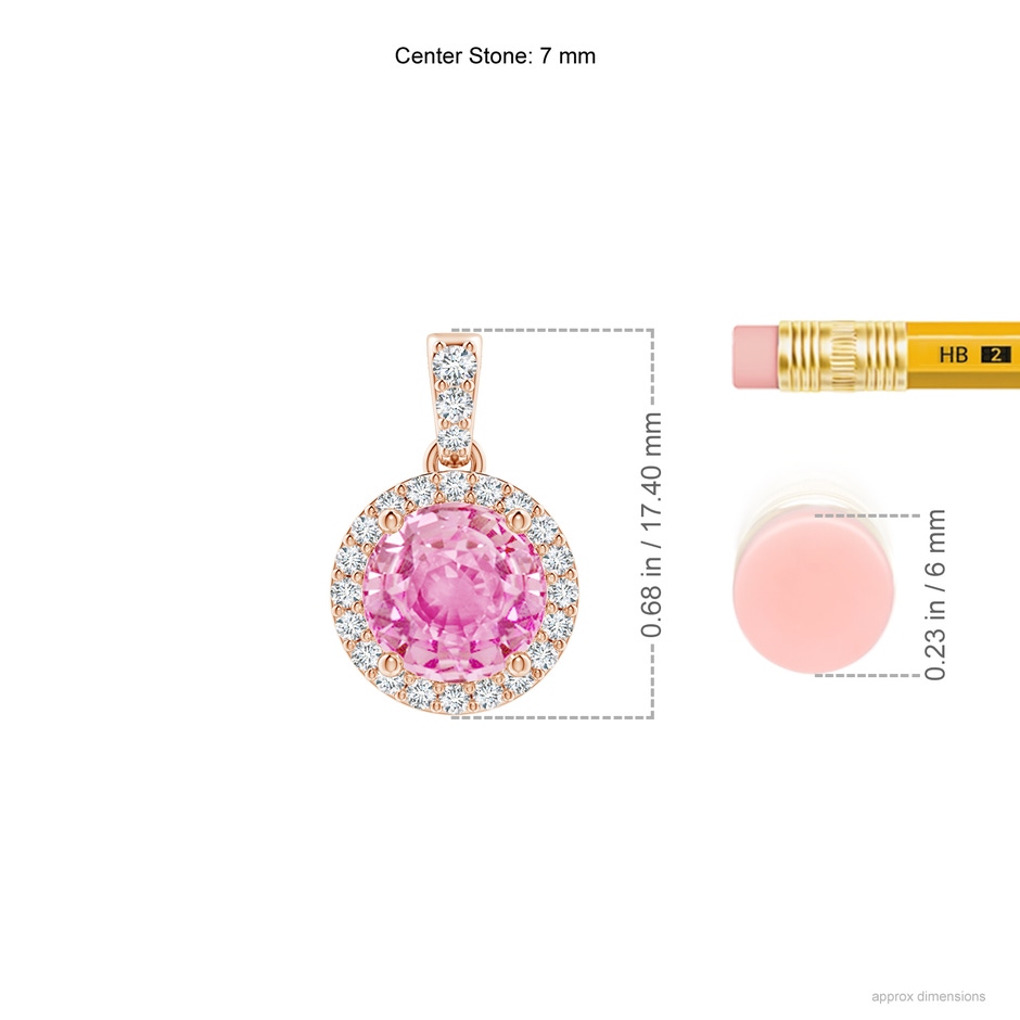 7mm A Round Pink Sapphire Dangle Pendant with Diamond Halo in Rose Gold ruler