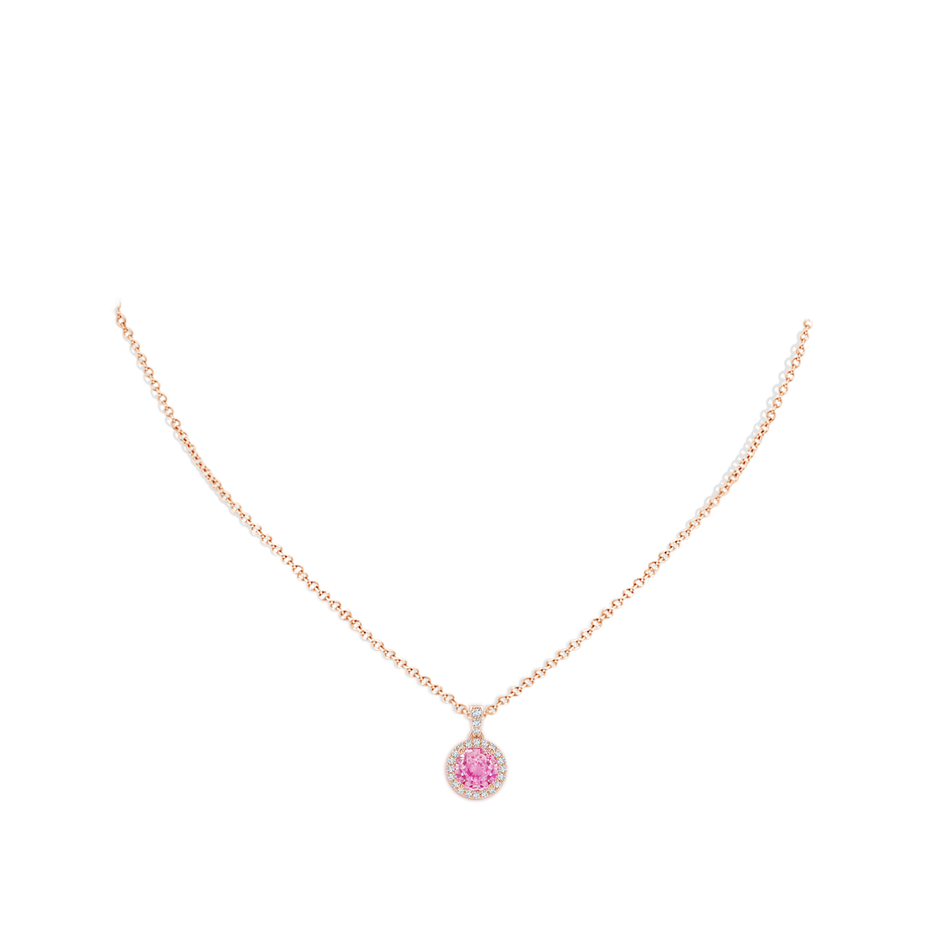 7mm A Round Pink Sapphire Dangle Pendant with Diamond Halo in Rose Gold body-neck