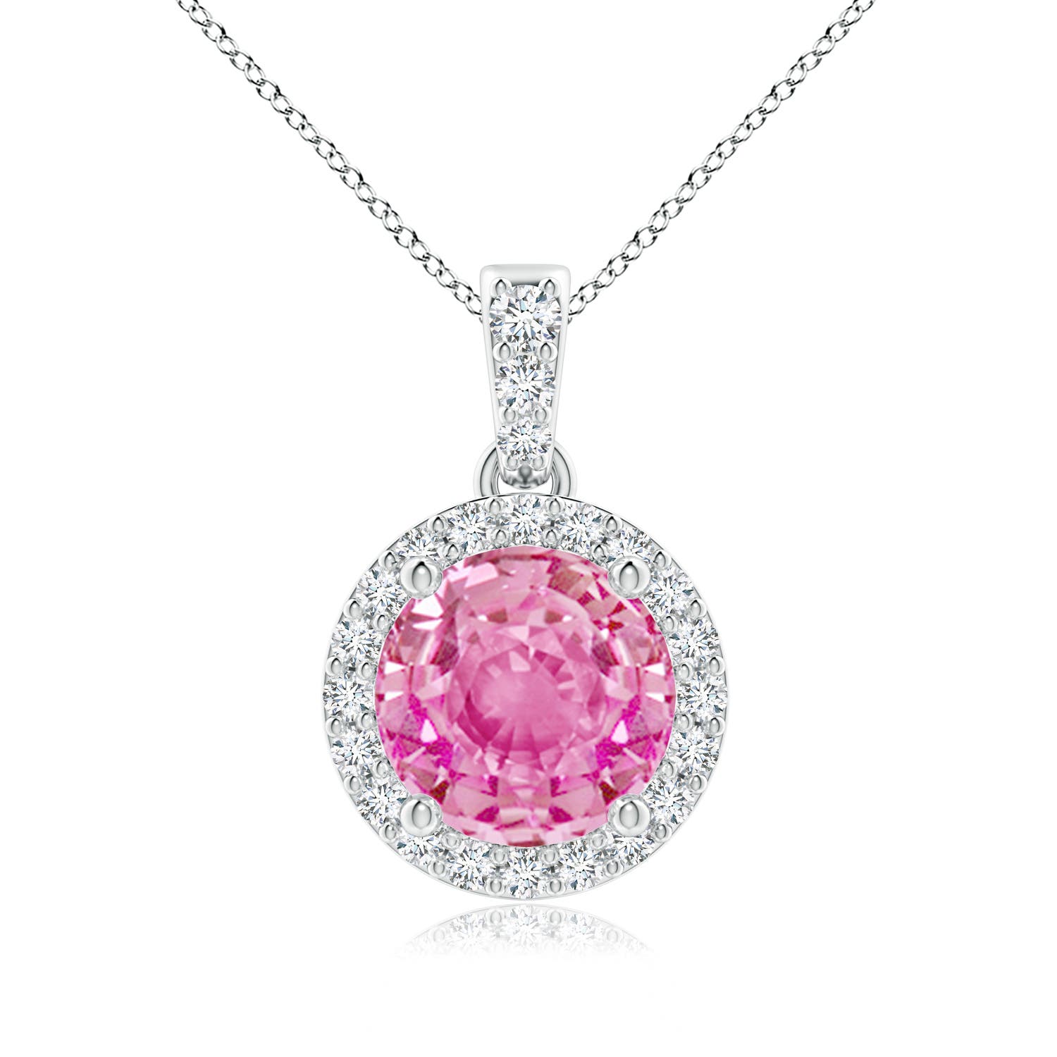 7mm AA Round Pink Sapphire Dangle Pendant with Diamond Halo in P950 Platinum