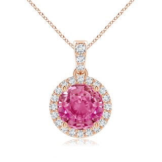 7mm AAA Round Pink Sapphire Dangle Pendant with Diamond Halo in Rose Gold