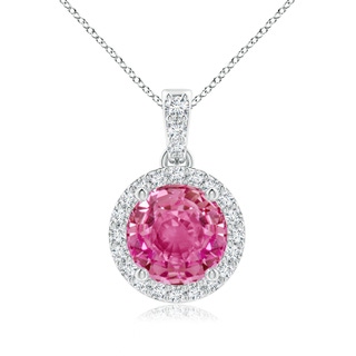 7mm AAA Round Pink Sapphire Dangle Pendant with Diamond Halo in White Gold