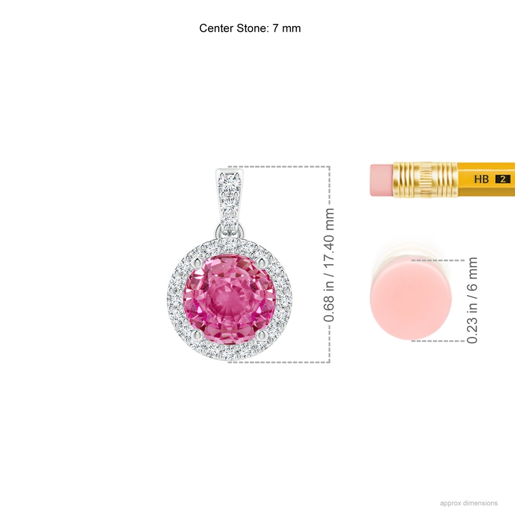 7mm AAA Round Pink Sapphire Dangle Pendant with Diamond Halo in White Gold Ruler