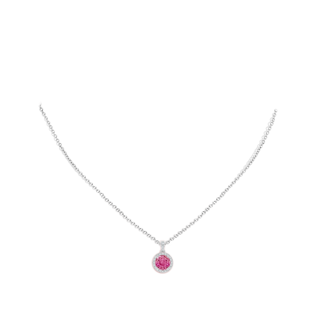 7mm AAA Round Pink Sapphire Dangle Pendant with Diamond Halo in White Gold Body-Neck