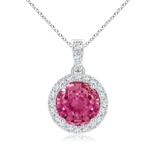 7mm AAAA Round Pink Sapphire Dangle Pendant with Diamond Halo in P950 Platinum