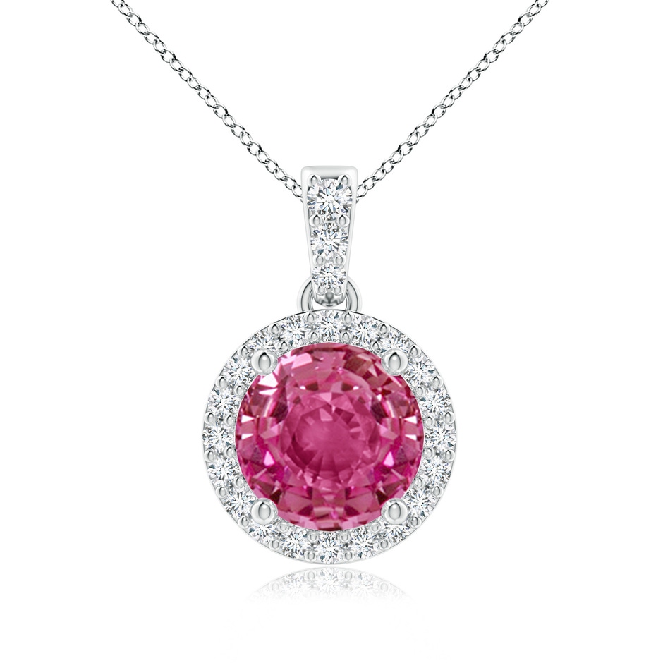 7mm AAAA Round Pink Sapphire Dangle Pendant with Diamond Halo in P950 Platinum 