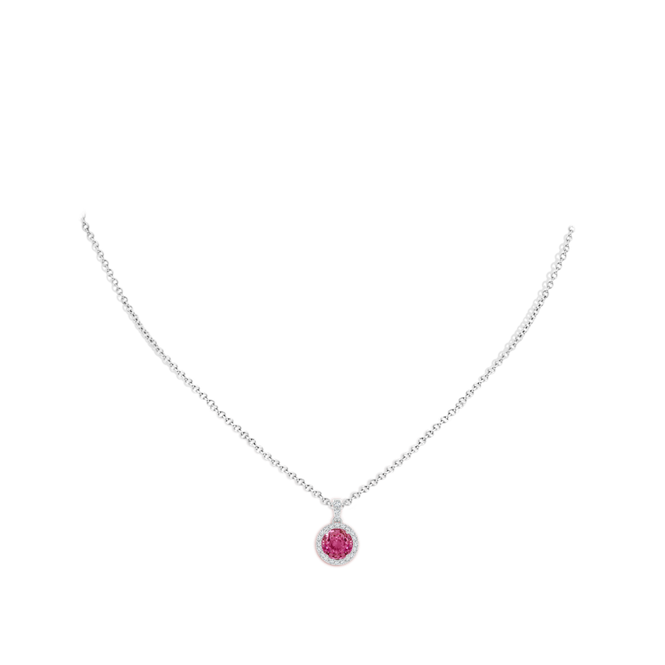 7mm AAAA Round Pink Sapphire Dangle Pendant with Diamond Halo in P950 Platinum body-neck