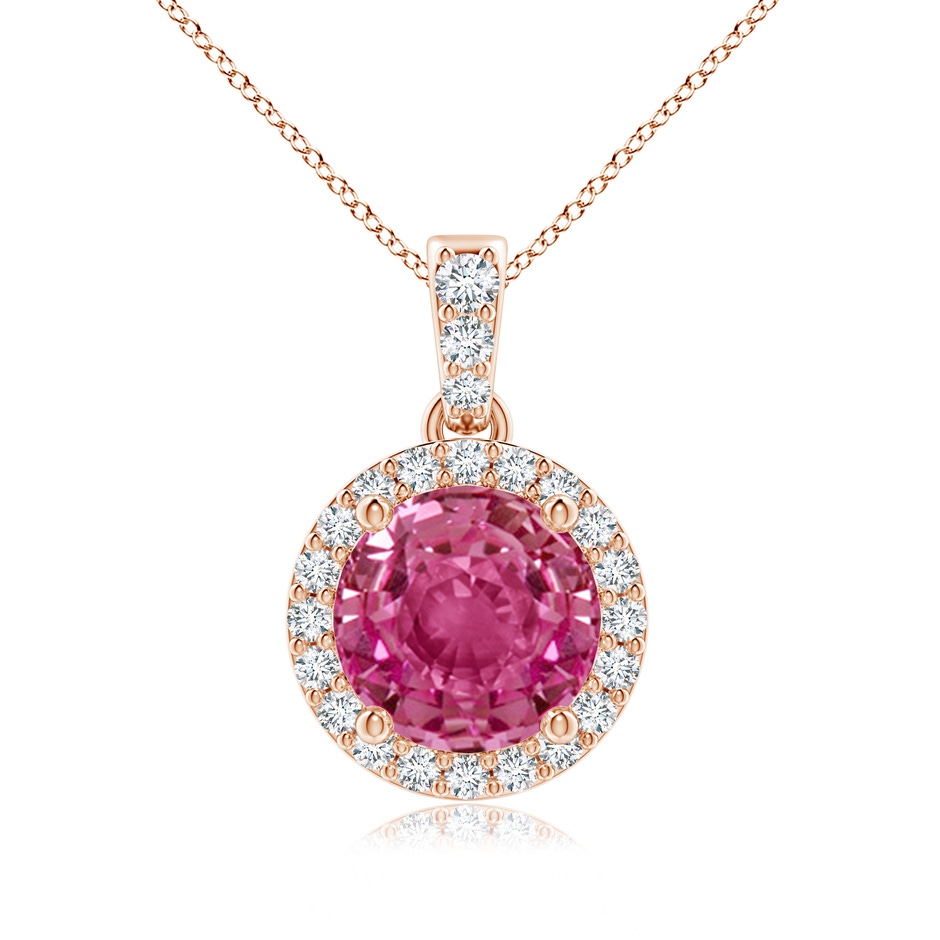 7mm AAAA Round Pink Sapphire Dangle Pendant with Diamond Halo in Rose Gold 