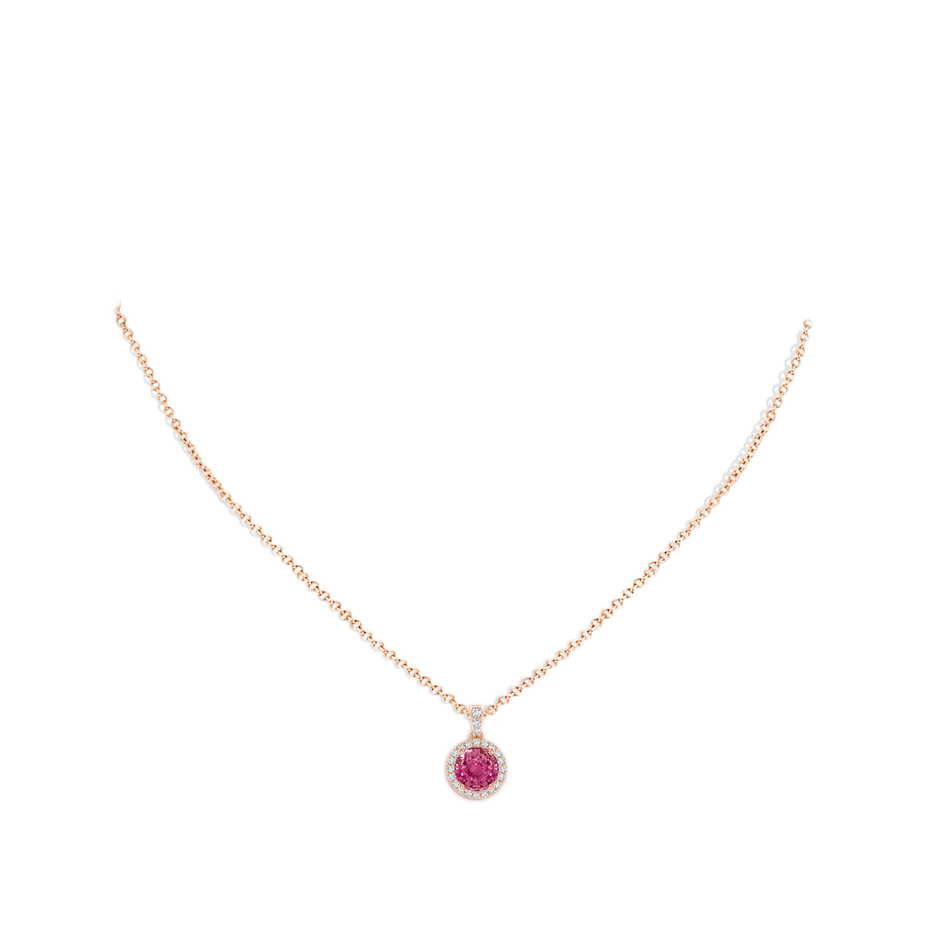 7mm AAAA Round Pink Sapphire Dangle Pendant with Diamond Halo in Rose Gold body-neck