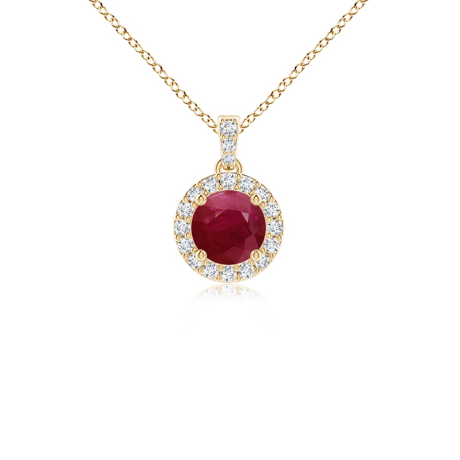 4mm A Round Ruby Dangle Pendant with Diamond Halo in Yellow Gold 