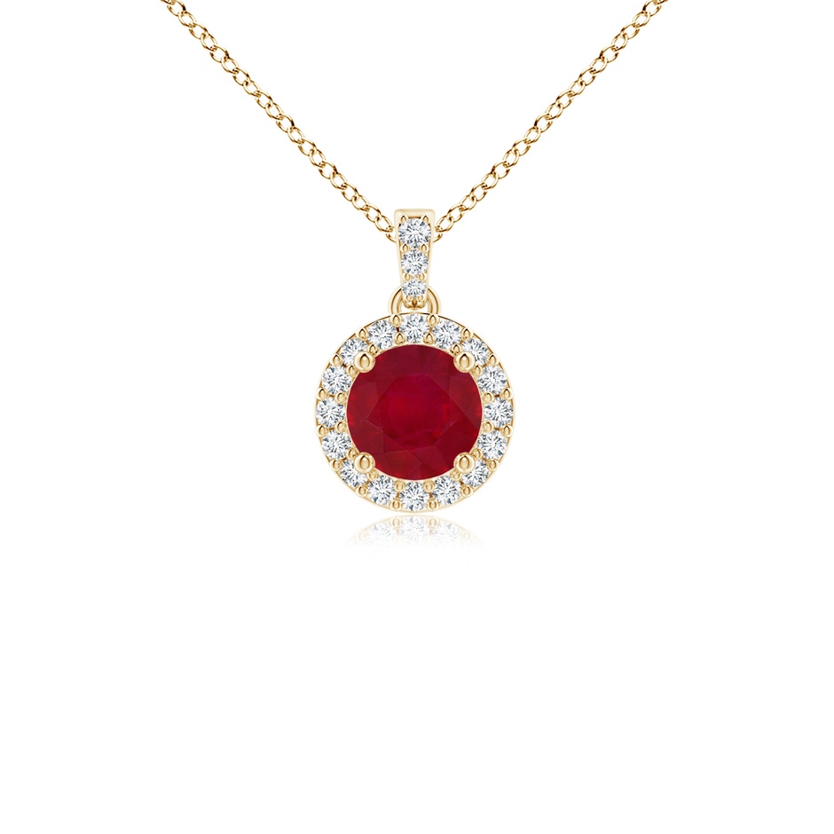 4mm AA Round Ruby Dangle Pendant with Diamond Halo in Yellow Gold 