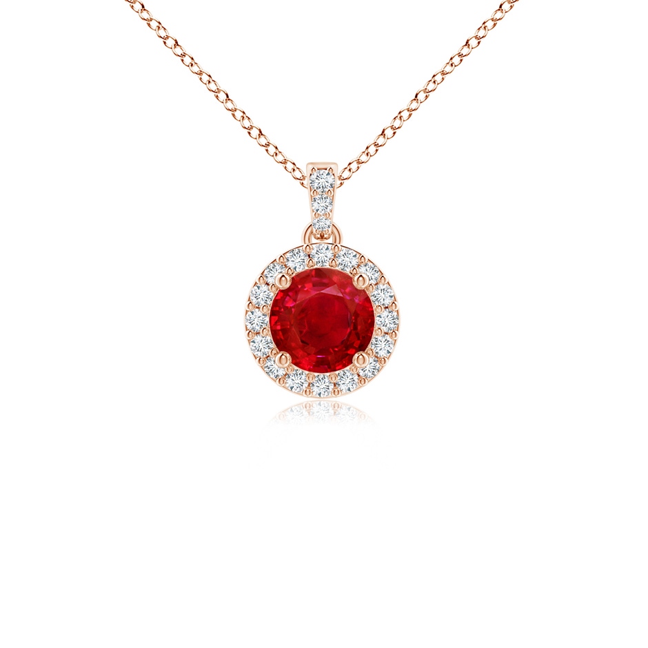 4mm AAA Round Ruby Dangle Pendant with Diamond Halo in Rose Gold 
