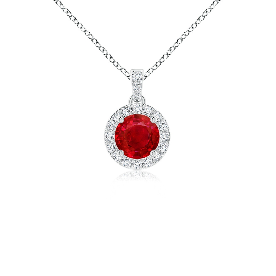 4mm AAA Round Ruby Dangle Pendant with Diamond Halo in White Gold 