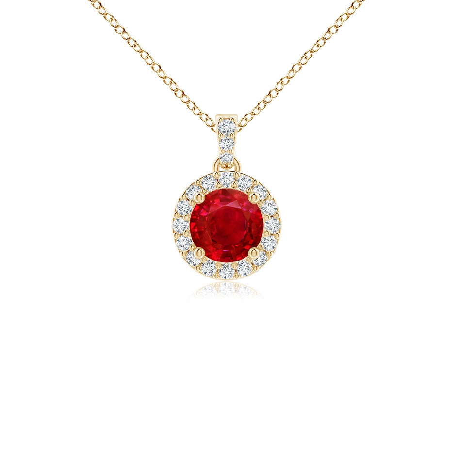 4mm AAA Round Ruby Dangle Pendant with Diamond Halo in Yellow Gold 