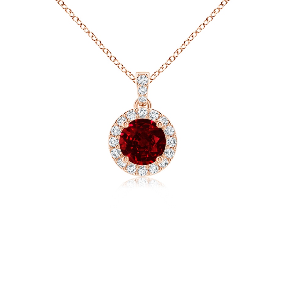4mm AAAA Round Ruby Dangle Pendant with Diamond Halo in 18K Rose Gold 