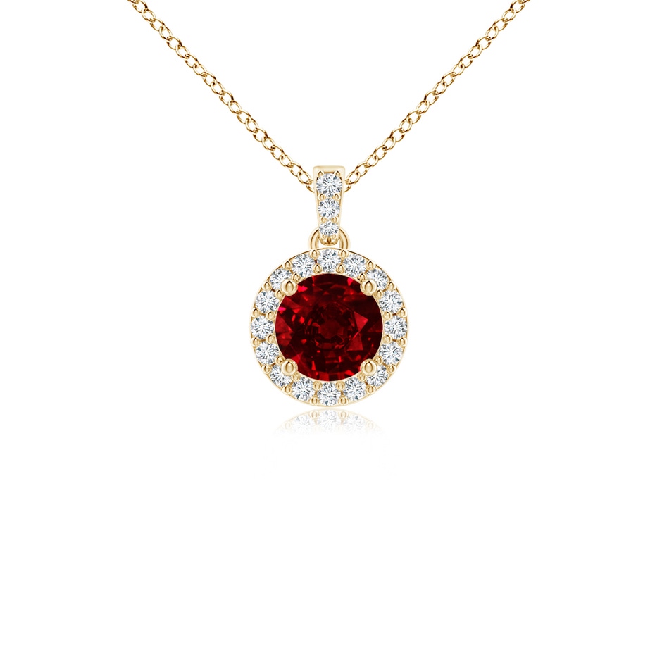 4mm AAAA Round Ruby Dangle Pendant with Diamond Halo in 18K Yellow Gold 