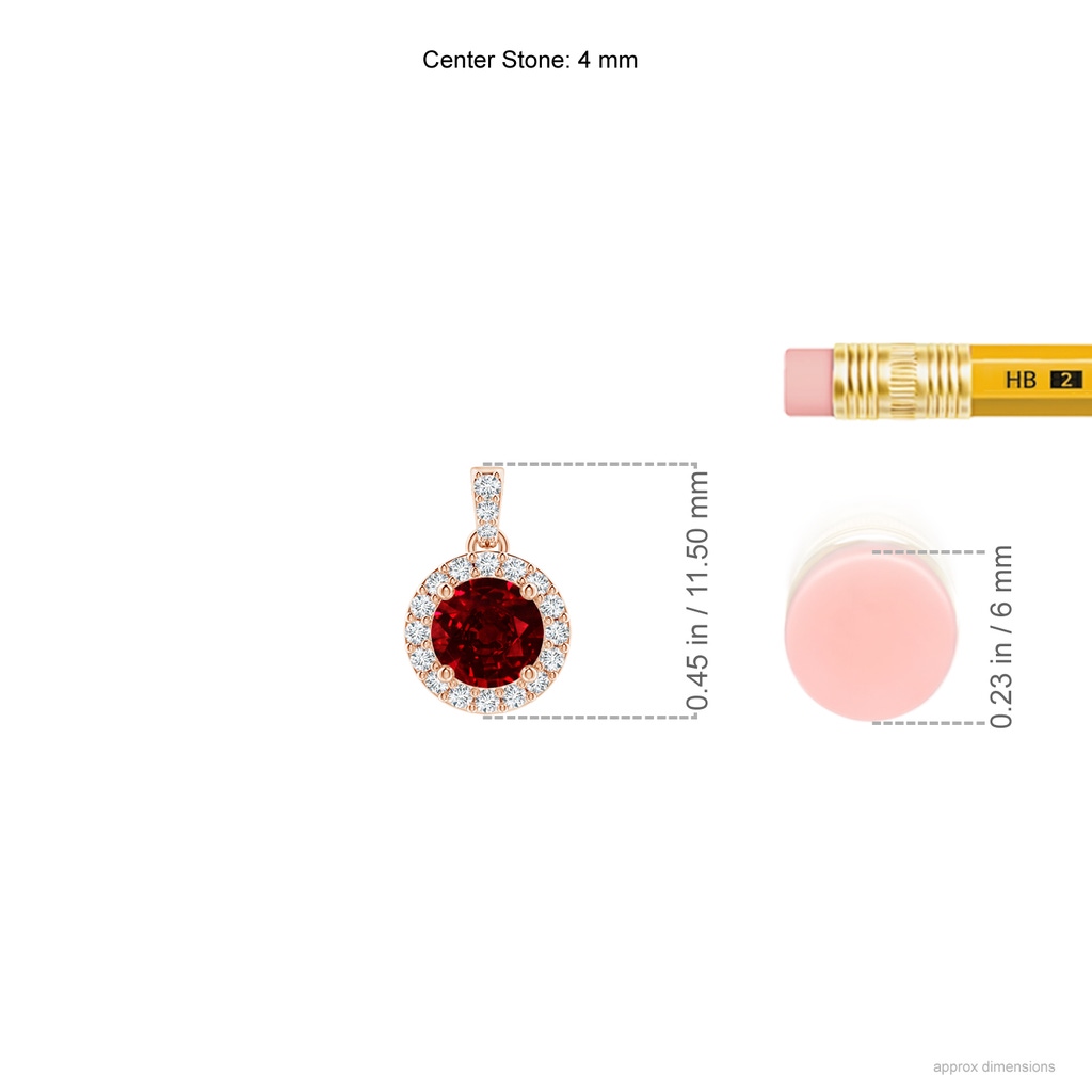 4mm AAAA Round Ruby Dangle Pendant with Diamond Halo in Rose Gold ruler