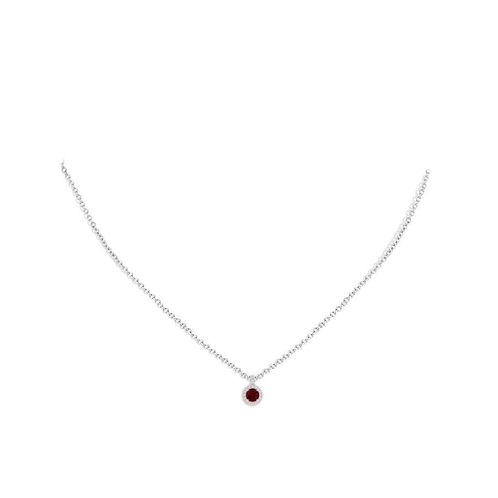 4mm AAAA Round Ruby Dangle Pendant with Diamond Halo in White Gold pen