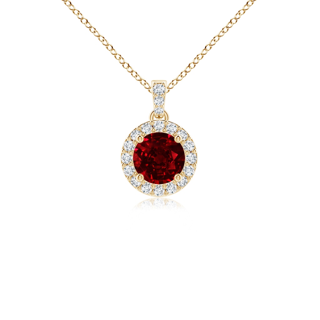 4mm AAAA Round Ruby Dangle Pendant with Diamond Halo in Yellow Gold