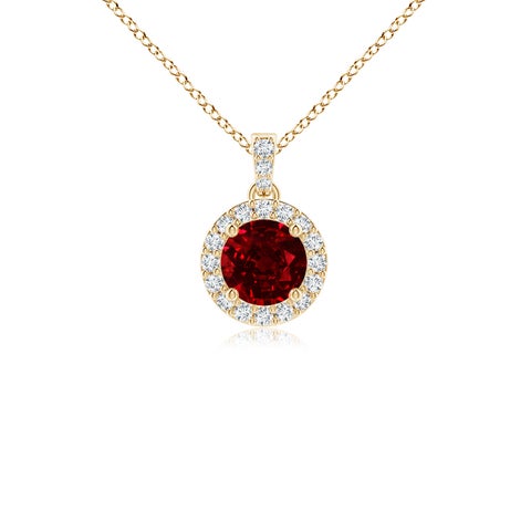 4mm AAAA Round Ruby Dangle Pendant with Diamond Halo in Yellow Gold