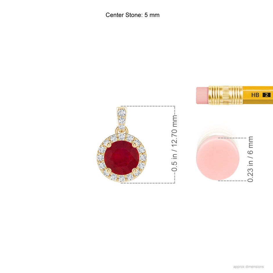 5mm AA Round Ruby Dangle Pendant with Diamond Halo in Yellow Gold ruler