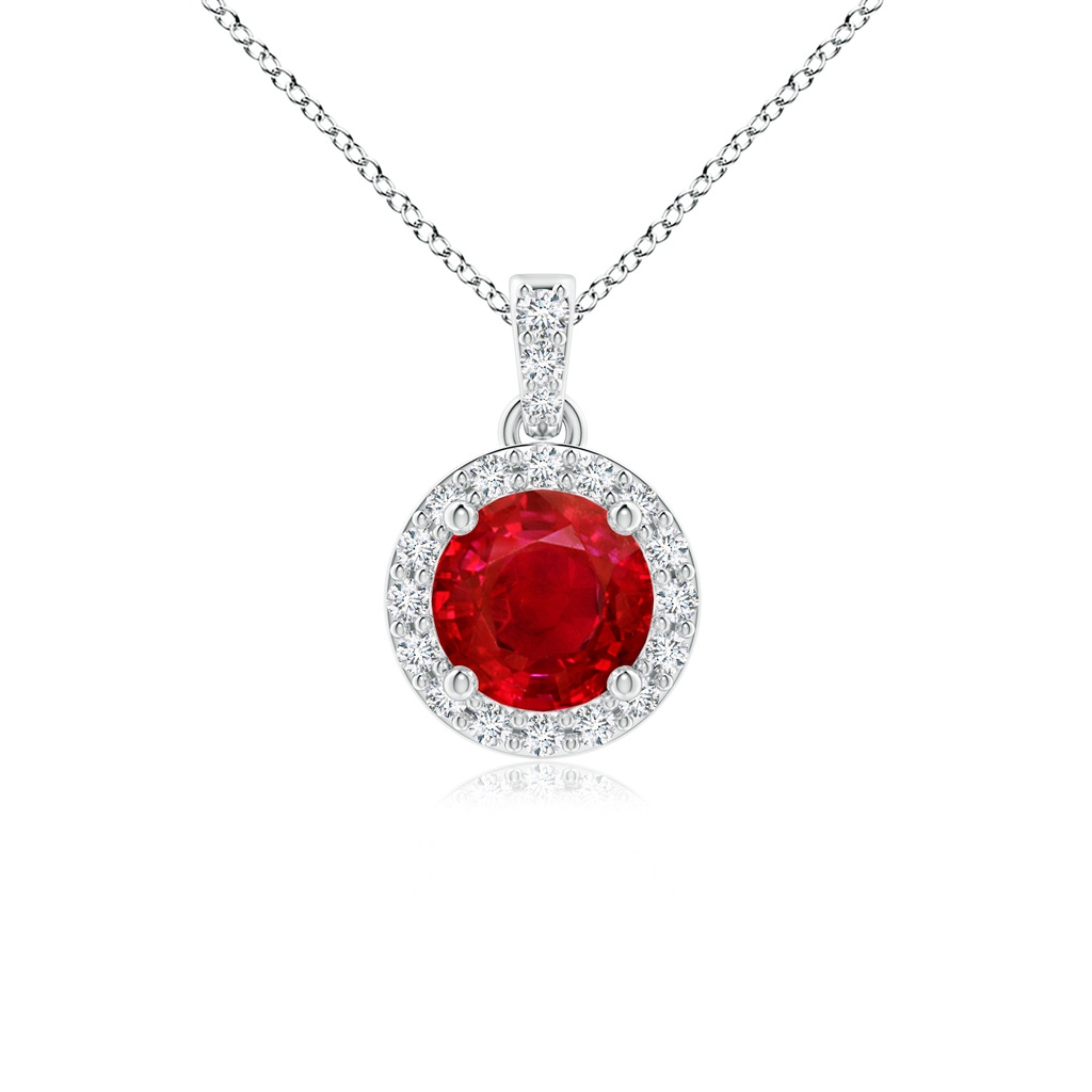 5mm AAA Round Ruby Dangle Pendant with Diamond Halo in White Gold