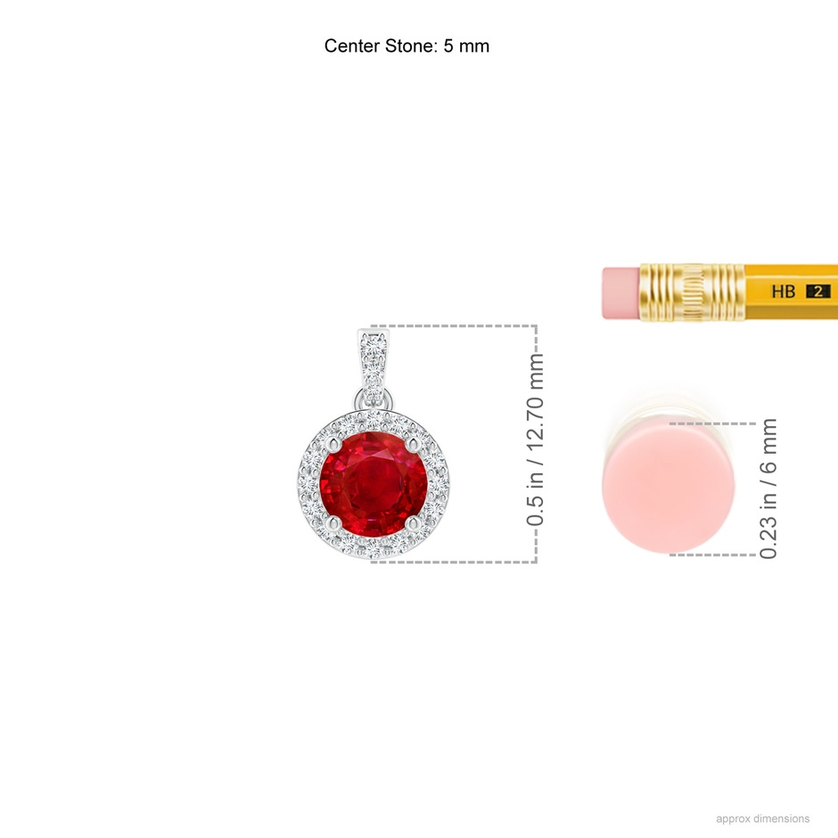 5mm AAA Round Ruby Dangle Pendant with Diamond Halo in White Gold ruler