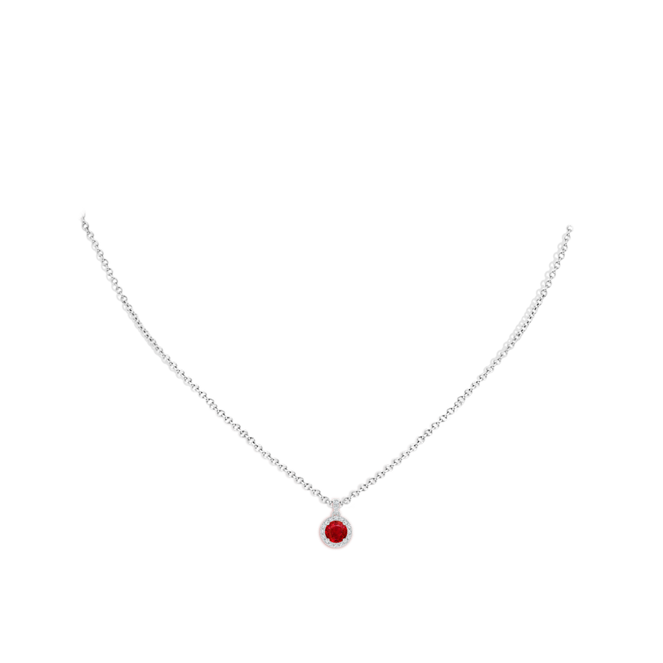 5mm AAA Round Ruby Dangle Pendant with Diamond Halo in White Gold pen