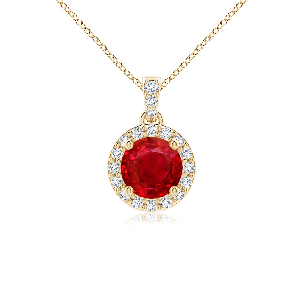 5mm AAA Round Ruby Dangle Pendant with Diamond Halo in Yellow Gold