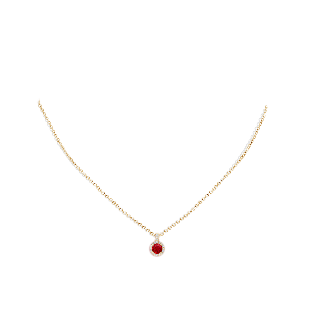 5mm AAA Round Ruby Dangle Pendant with Diamond Halo in Yellow Gold pen