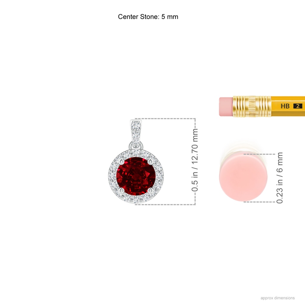 5mm AAAA Round Ruby Dangle Pendant with Diamond Halo in P950 Platinum ruler