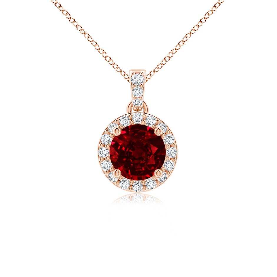 5mm AAAA Round Ruby Dangle Pendant with Diamond Halo in Rose Gold 