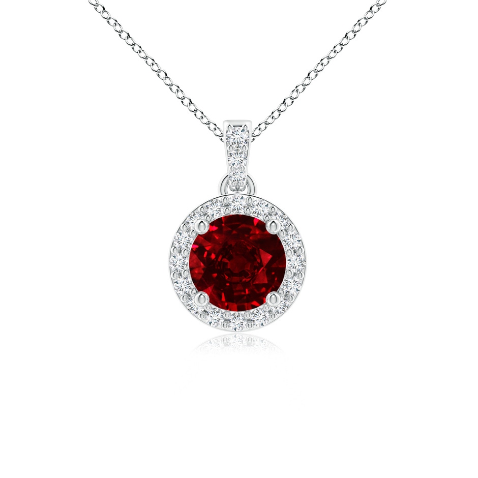 5mm AAAA Round Ruby Dangle Pendant with Diamond Halo in White Gold 