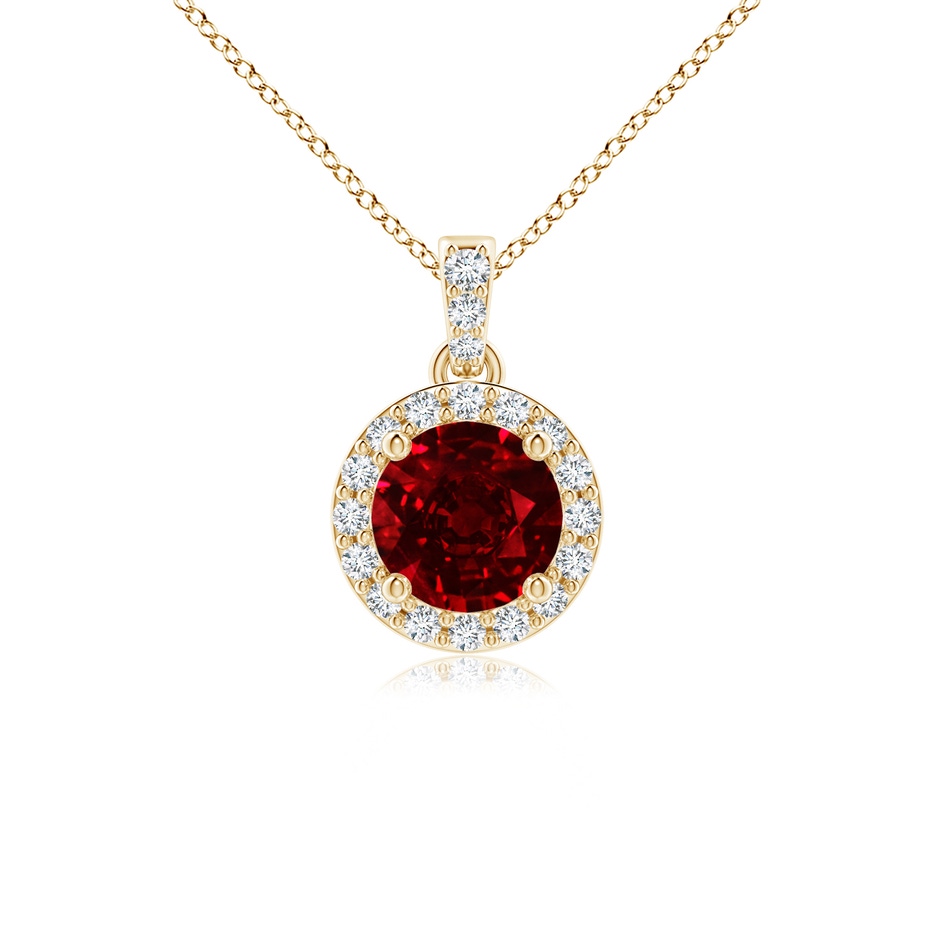 5mm AAAA Round Ruby Dangle Pendant with Diamond Halo in Yellow Gold 