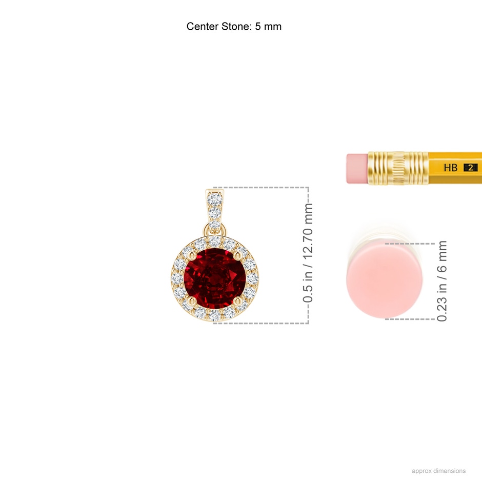 5mm AAAA Round Ruby Dangle Pendant with Diamond Halo in Yellow Gold ruler