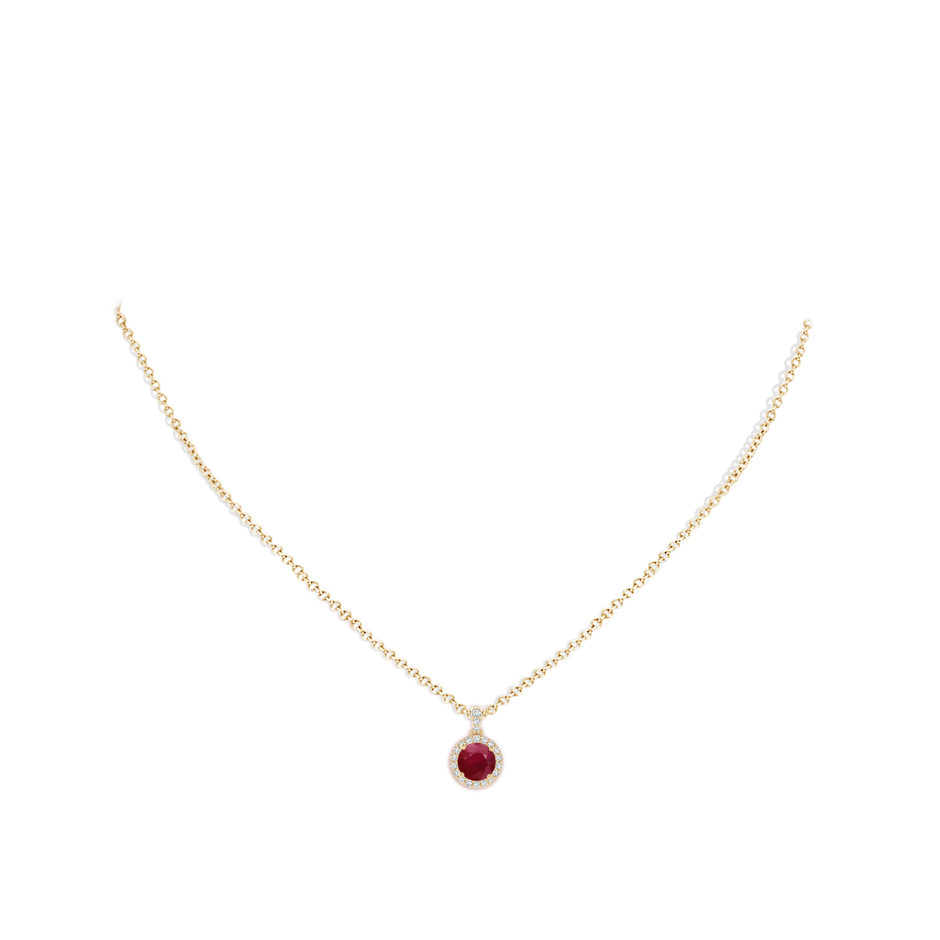 6mm A Round Ruby Dangle Pendant with Diamond Halo in Yellow Gold pen