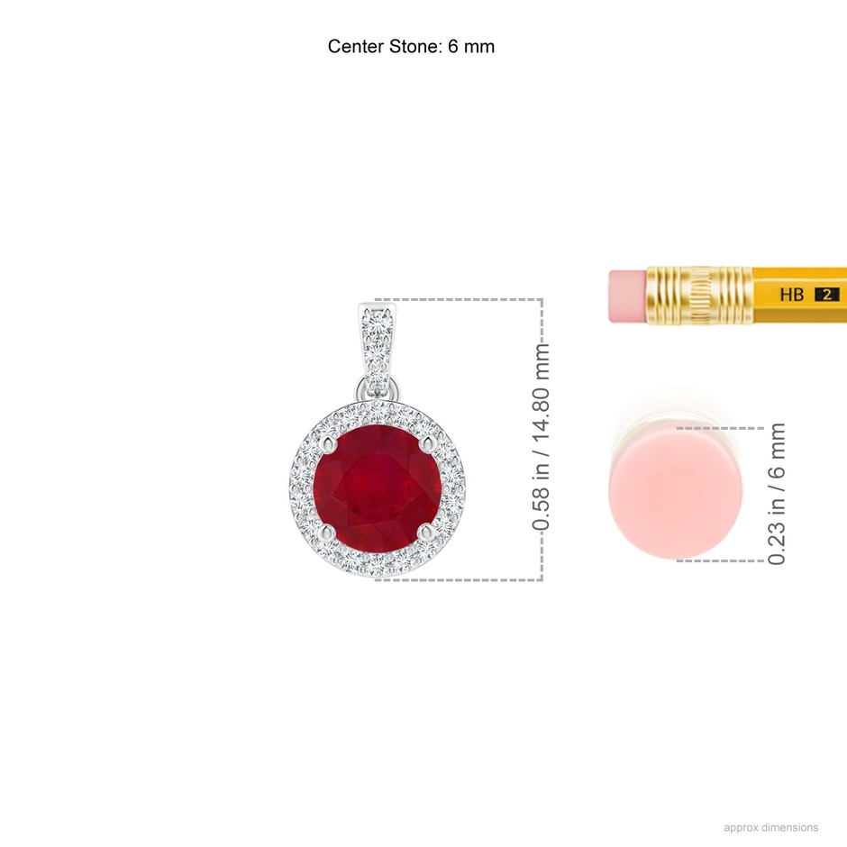 6mm AA Round Ruby Dangle Pendant with Diamond Halo in White Gold ruler