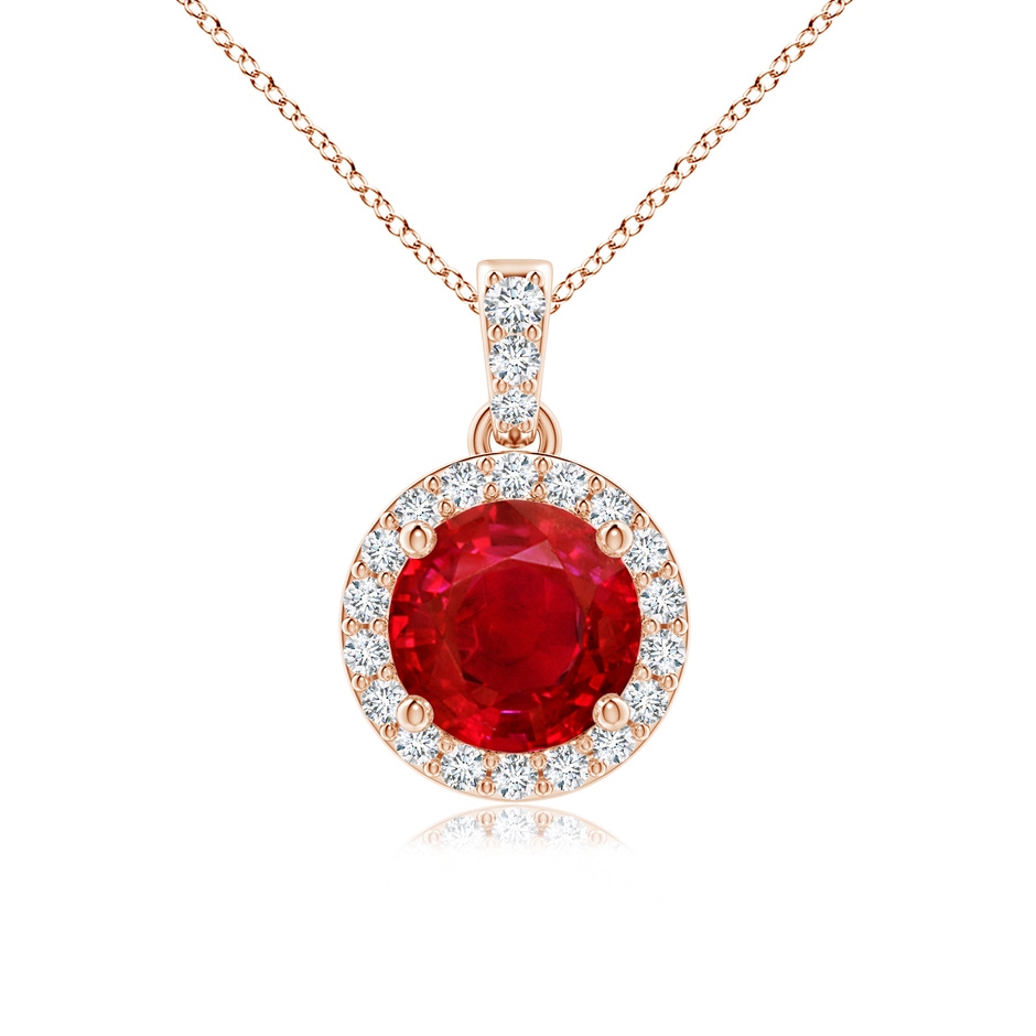 6mm AAA Round Ruby Dangle Pendant with Diamond Halo in Rose Gold 