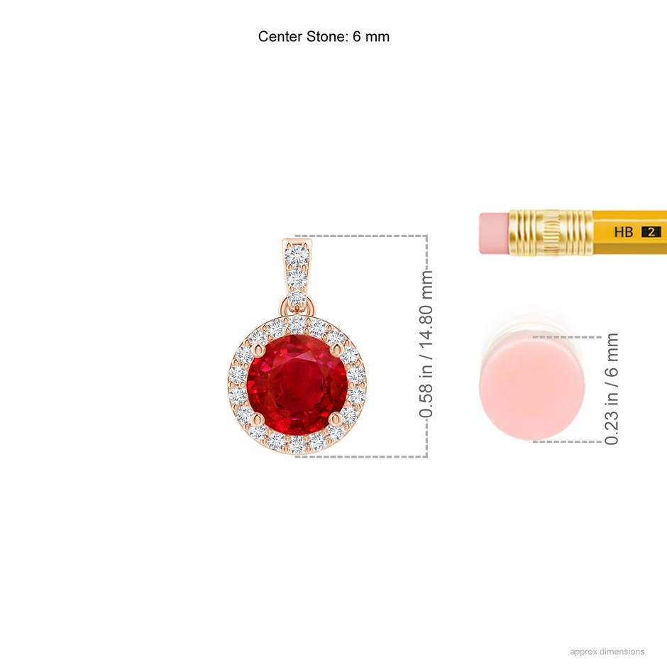 6mm AAA Round Ruby Dangle Pendant with Diamond Halo in Rose Gold ruler