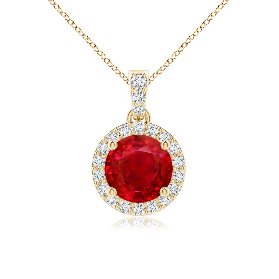 6mm AAA Round Ruby Dangle Pendant with Diamond Halo in Yellow Gold 