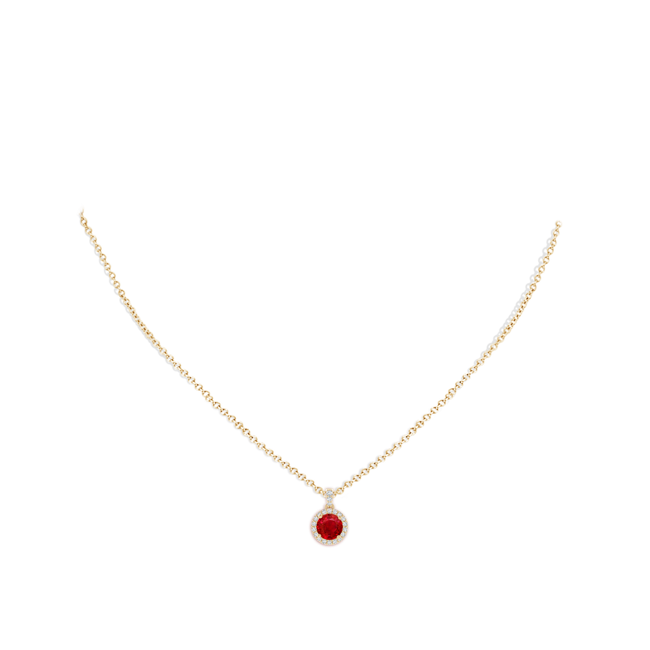 6mm AAA Round Ruby Dangle Pendant with Diamond Halo in Yellow Gold pen